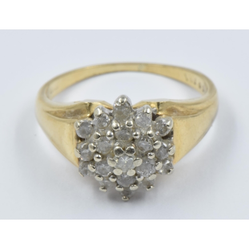 819 - 9ct Yellow gold diamond set flower head cluster ring, ring size L