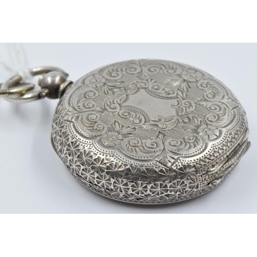 848 - Ladies Continental 935 standard silver fob watch, with all over engraved decoration and decorative g... 