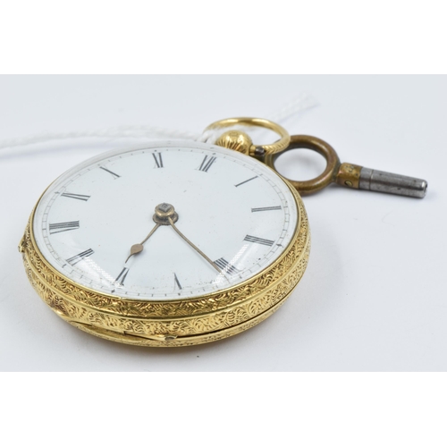 921 - 19th Century English small 18ct gold cased open faced key wind pocket watch, the enamel dial with Ro... 