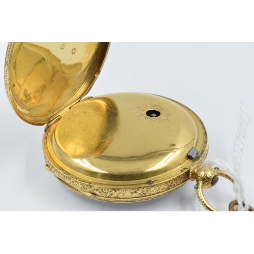 921 - 19th Century English small 18ct gold cased open faced key wind pocket watch, the enamel dial with Ro... 