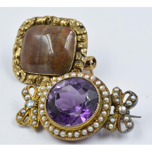 939 - Victorian gold bow brooch set circular amethyst and seed pearls together with another 19th Century r... 