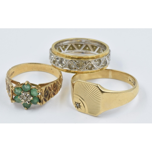 963 - 9ct Gold signet ring, 9ct gold emerald and diamond dress ring and a silver eternity ring