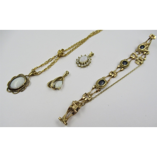 964 - 9ct Gold bracelet set doublet opals together with a 9ct gold opal pendant on chain, another opal pen... 