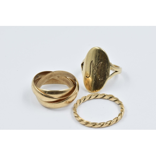 976 - 9ct Yellow gold signet ring, 9ct gold three part interlocking ring and 9ct rope design ring, 8.2g