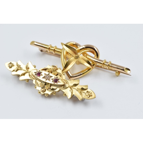 978 - Victorian 15ct gold bar brooch set with a diamond and two rubies together with a 14ct gold heart des... 