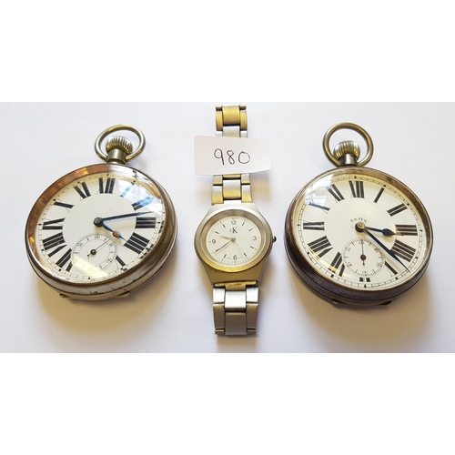 980 - Two Goliath pocket watches with enamel dials having Roman numerals and subsidiary seconds and a C.K.... 