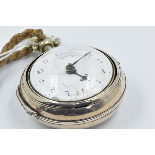 993 - George III silver pair cased pocket watch, the enamel dial with Arabic numerals, the fusee movement ... 