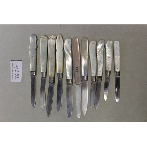 767A - Group of ten various silver and mother of pearl folding fruit knives, together with a similar silver... 