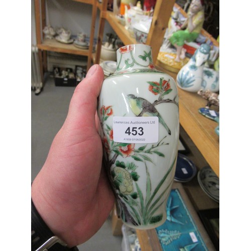 453 - Small Chinese famille vert baluster vase decorated with birds and flowers (neck reduced), 6.5ins hig... 