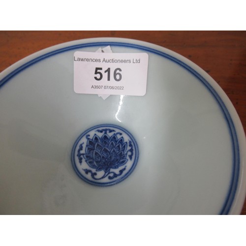 516 - Small Chinese blue and white conical floral decorated dish with character mark to base