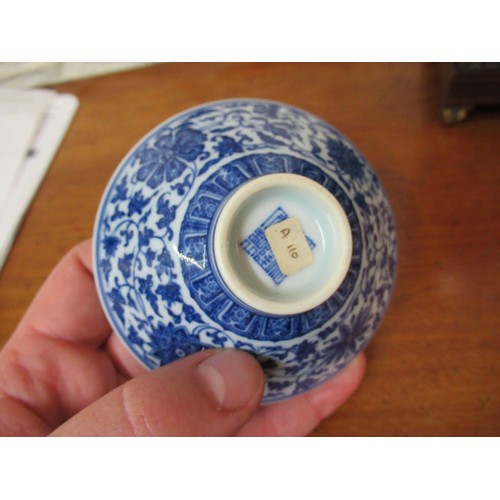 516 - Small Chinese blue and white conical floral decorated dish with character mark to base