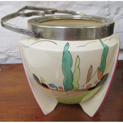 568 - Clarice Cliff ' Applique Idylle ' biscuit barrel and cover with plated mounts, 9ins high overall