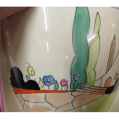 568 - Clarice Cliff ' Applique Idylle ' biscuit barrel and cover with plated mounts, 9ins high overall