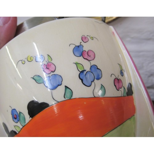 568 - Clarice Cliff ' Applique Idylle ' biscuit barrel and cover with plated mounts, 9ins high overall