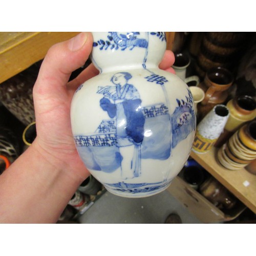 585 - Chinese blue and white gourd shaped vase, small Chinese blue and white dish and a baluster prunus bl... 