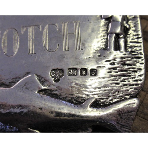 802 - Heavy London silver Scotch Whisky decanter label decorated with a fisherman catching a fish