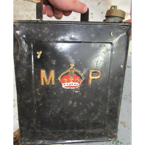 288 - Mid 20th Century military police petrol can, together with a rubber encased telephone, a wooden bird... 