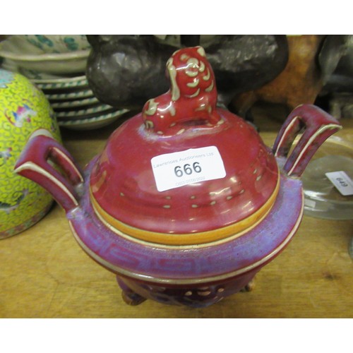 666 - Chinese Sang du Boeuf two handled censer with cover, 7.5ins high