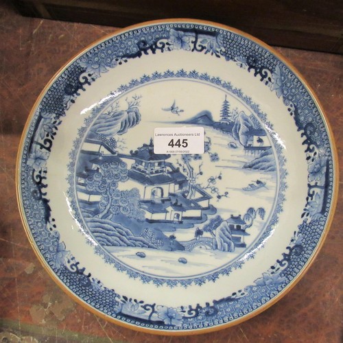 445 - 18th / 19th Century Chinese blue and white Willow pattern saucer dish, 8.25ins diameter (rim crack),... 