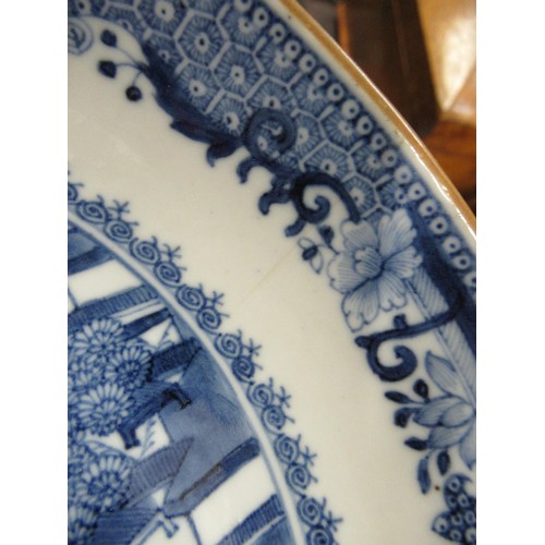 445 - 18th / 19th Century Chinese blue and white Willow pattern saucer dish, 8.25ins diameter (rim crack),... 