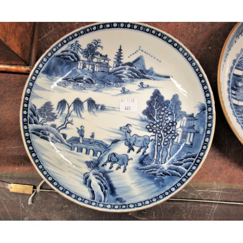 445 - 18th / 19th Century Chinese blue and white Willow pattern saucer dish, 8.25ins diameter (rim crack),... 