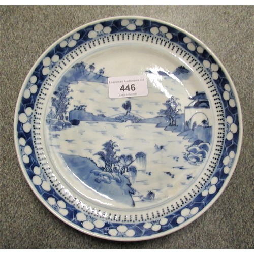 446 - Group of three 18th / 19th Century Chinese blue and white plates, the largest 9.25ins, all unmarked