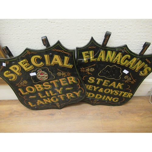 74 - Set of three painted pub signs for Flanagan's of Battersea, each approximately 24ins x 21ins overall... 