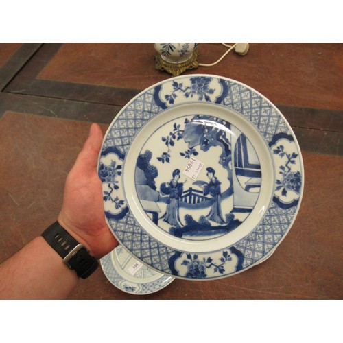 473 - Pair of modern Chinese blue and white plates decorated with figures on a terrace, six character mark... 