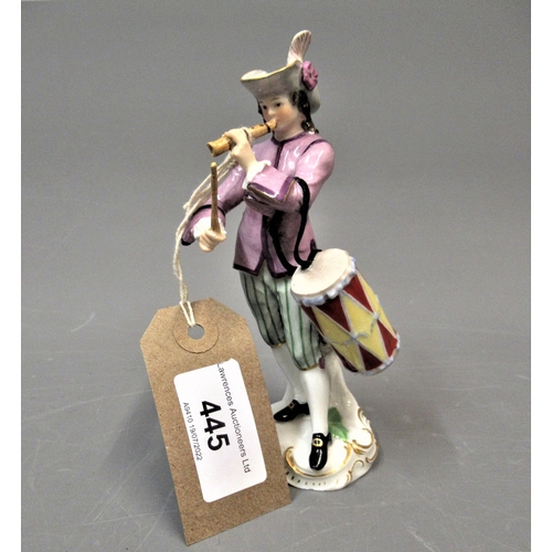 477 - Late Meissen figure of a boy musician with pipe and drum, blue cross swords and impressed marks to b... 