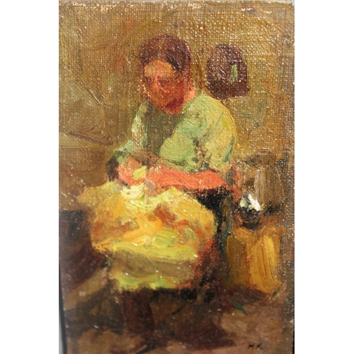 1011 - Modern British School oil on canvas, study of a seated lady sewing, indistinctly monogrammed, 7ins x... 