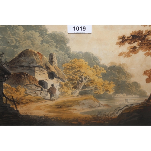 1019 - Attributed to William Payne, watercolour, rural scene with a figure before a cottage, 8ins x 11.25in... 