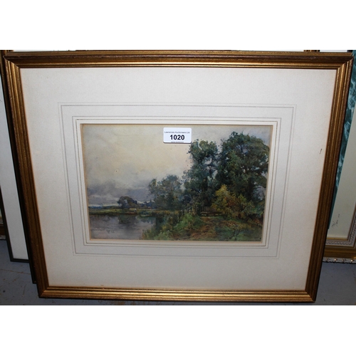 1020 - Sydney Grant Rowe, watercolour, wooded river scene, signed, 7ins x 10ins, gilt framed