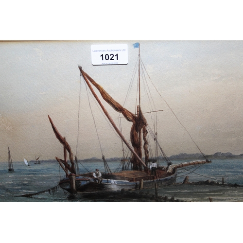 1021 - William Henry Hunt, watercolour, estuary scene with figures on a sailing barge to the foreground, si... 