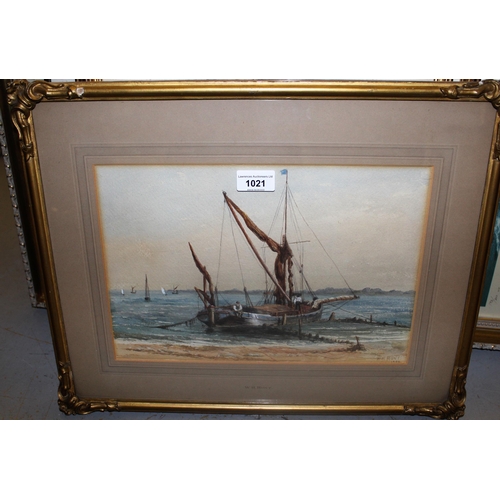 1021 - William Henry Hunt, watercolour, estuary scene with figures on a sailing barge to the foreground, si... 