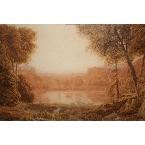 1023 - George Barret, watercolour, landscape with sheep and cattle before a lake and distant buildings, sig... 