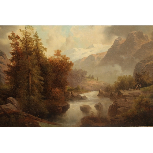 1024 - Eugene Castello, 19th Century oil on canvas, mountain river landscape with figures on the bank, sign... 