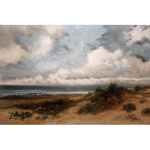 1026 - William Langley, oil on canvas, coastal scene with sand dunes to the foreground, signed, 19.5ins x 3... 