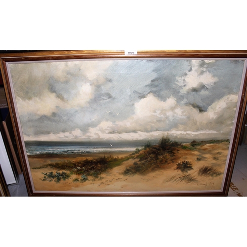 1026 - William Langley, oil on canvas, coastal scene with sand dunes to the foreground, signed, 19.5ins x 3... 