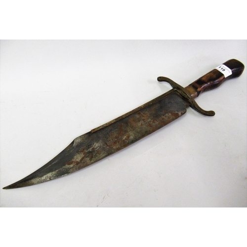 119 - Antique Bowie type knife (unmarked), with a shaped beechwood grip, 19.5ins long overall