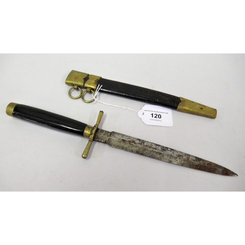 120 - Small 19th Century hunting knife marked C. Haug Odense, with a steel blade, brass hilt and brass mou... 