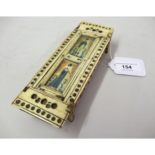 154 - 19th Century bone prisoner of war made box, the sliding lid inset with painted miniatures of a lady ... 