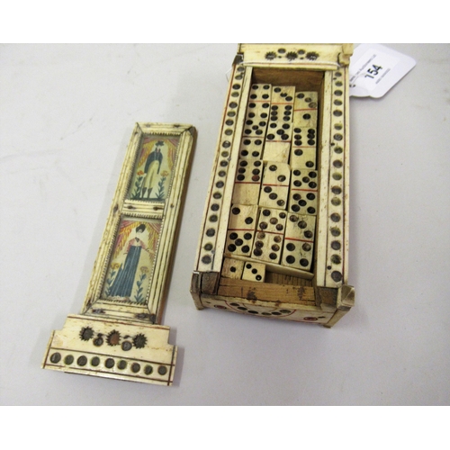 154 - 19th Century bone prisoner of war made box, the sliding lid inset with painted miniatures of a lady ... 