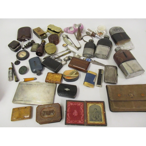 155 - Box containing a quantity of miscellaneous collectables to include:  desk seal, various hip flasks, ... 