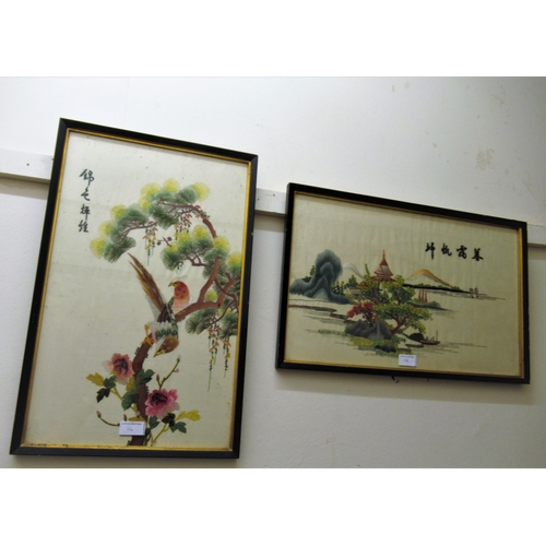 16 - Oriental silk embroidered picture of birds and flowers, 24ins x 10ins approximately, framed, togethe... 