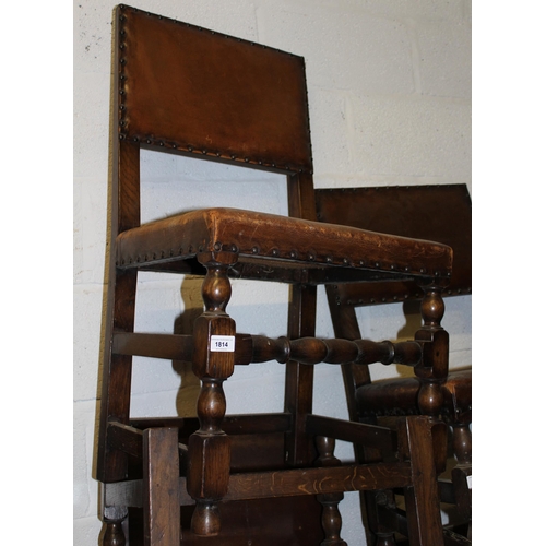 1814 - Set of eight (two plus six) oak leather upholstered dining chairs on turned supports (at fault)