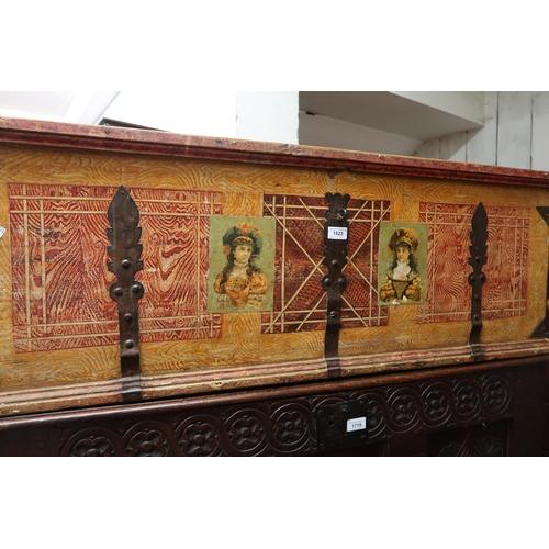 1823 - 19th Century Continental painted pine and metal bound trunk with hinged lid and applied printed deco... 