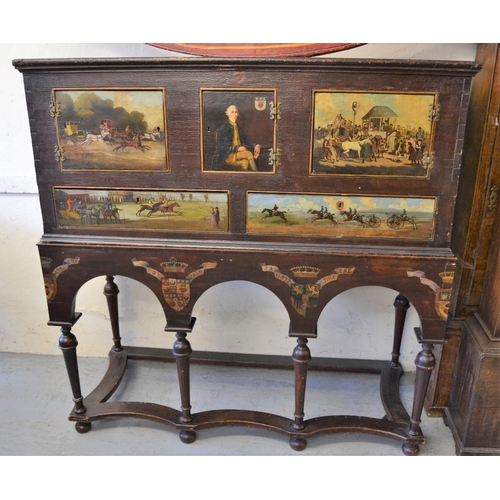 1827 - Unusual antique painted cabinet on stand, the upper section with three panel doors and two drawers d... 