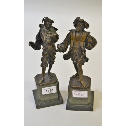 1830 - Paul Ludwig Kowalczewski, pair of small dark patinated bronze figures of gentlemen in renaissance co... 