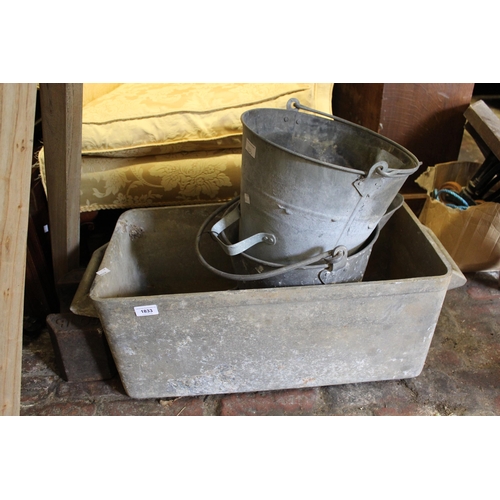 1833 - Large rectangular aluminium two handled trough, together with two anodised buckets