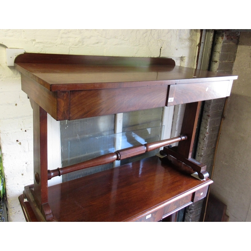 1837 - Victorian mahogany side table with two frieze doors, raised on rectangular end supports and turned s... 